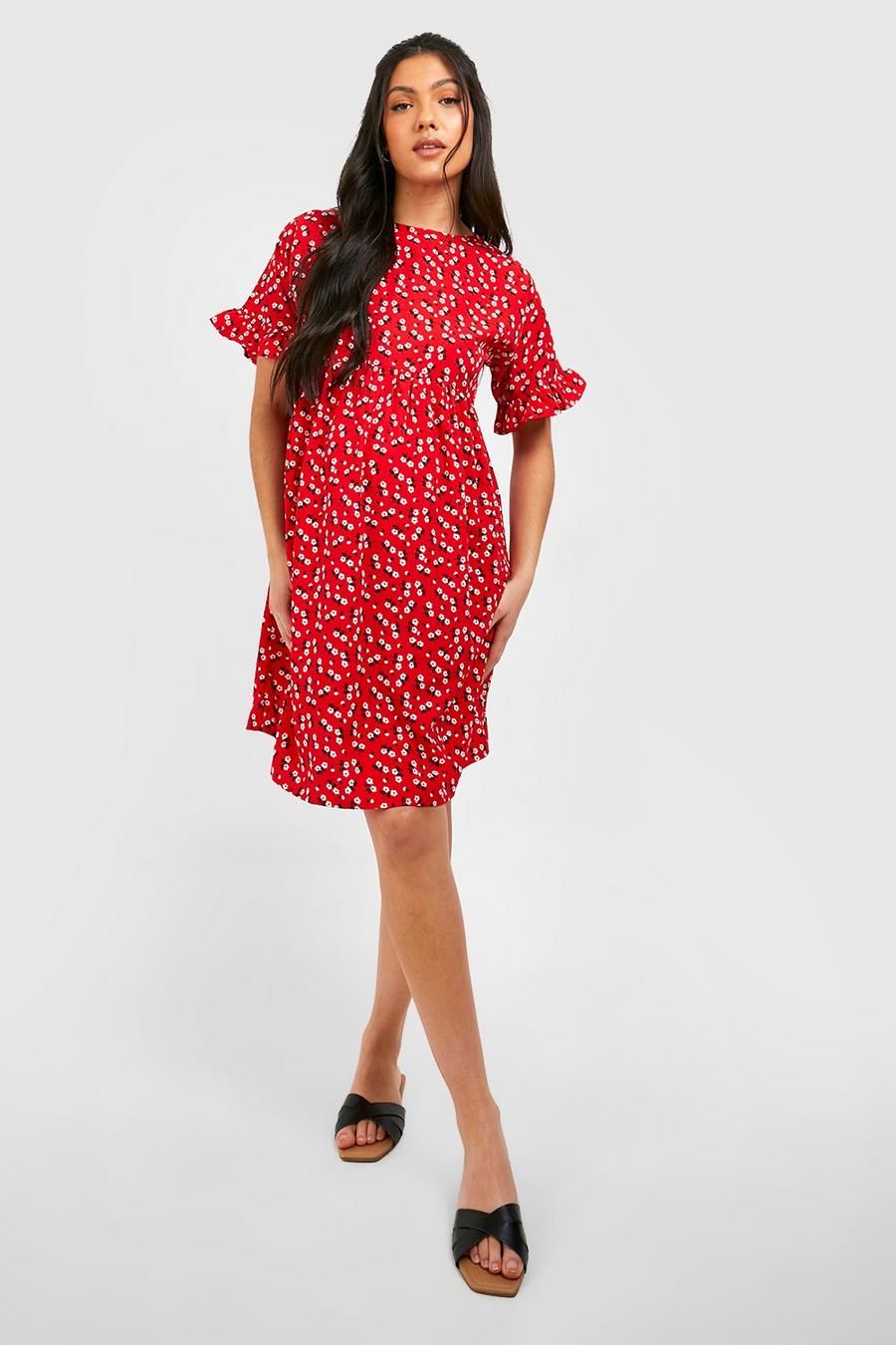 Umstandsmode florales Smok-Kleid mit Rüschenärmeln, Red