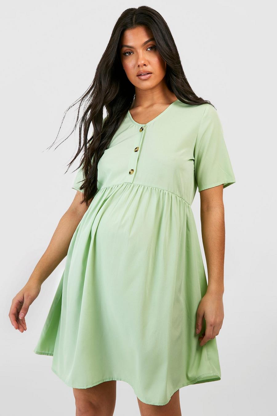 Umstandsmode Smok-Kleid mit Knopfleiste, Sage green