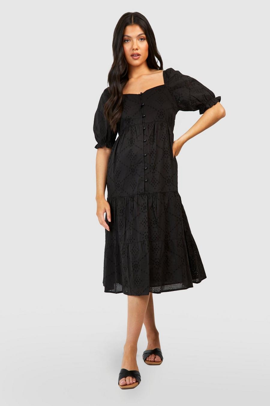 Black Maternity Broderie Button Front Midi Dress