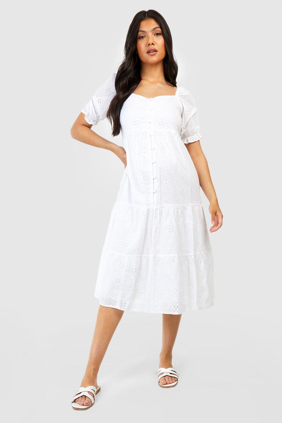 White Maternity Broderie Button Front Midi Dress image number 1