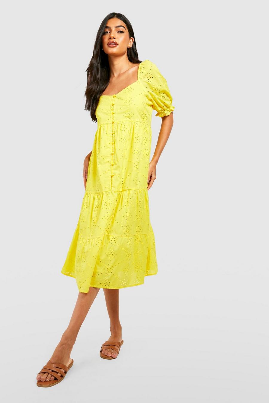 Vestido Premamá midi de bordado inglés con botón frontal, Yellow image number 1