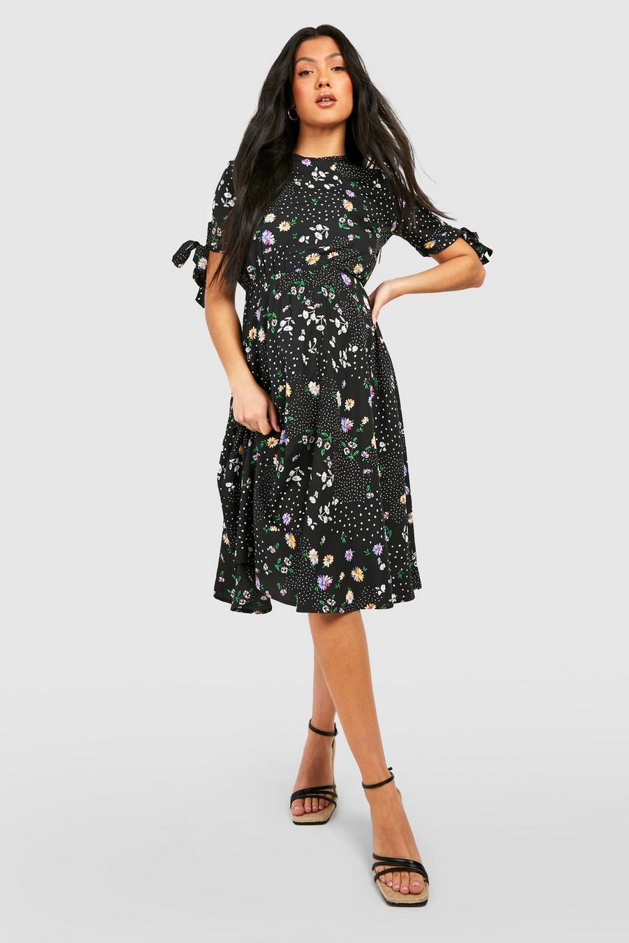 Umstandsmode florales Midi-Kleid mit geschnürten Trägern, Black