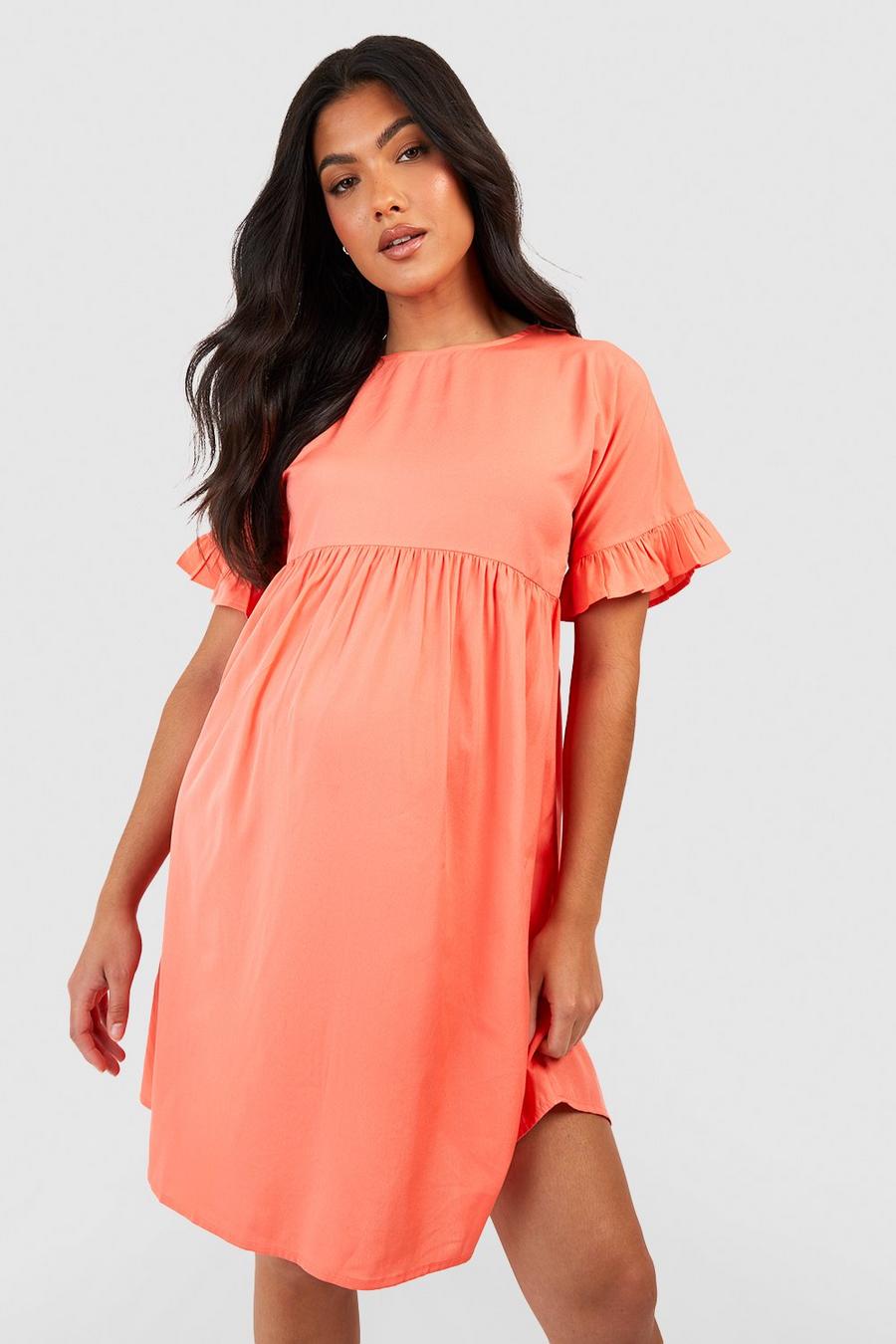 Coral Maternity Frill Sleeve Smock Dress