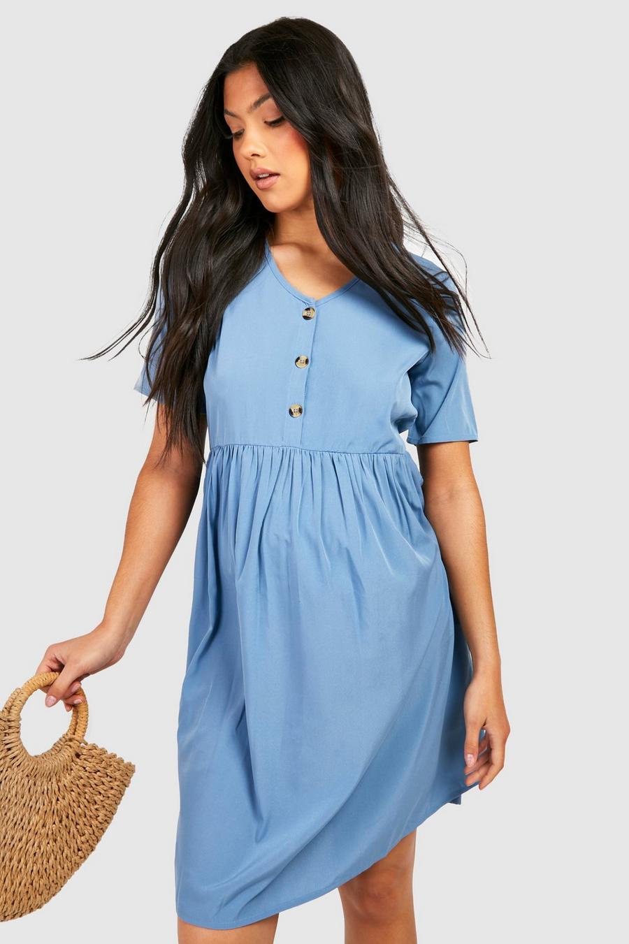 Blue Maternity Button Down Smock Dress image number 1
