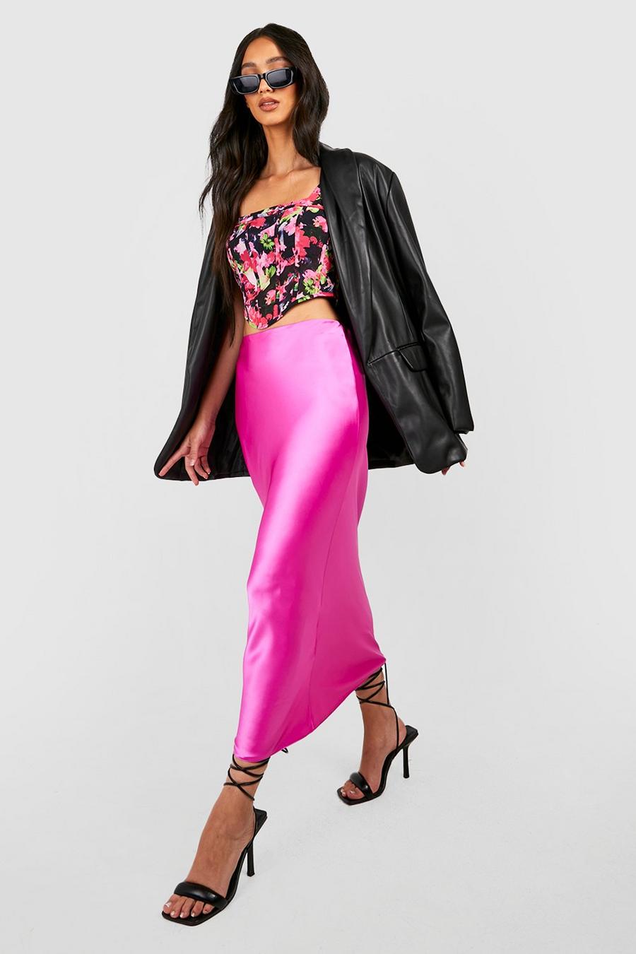 Hot pink Satin Bias Midi Slip Skirt image number 1