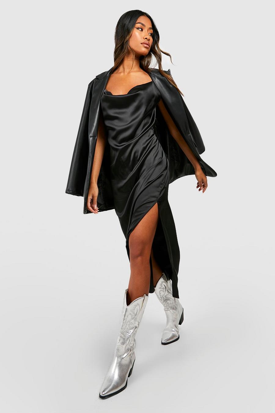 Black Satin Cowl Neck Midi Dress  image number 1