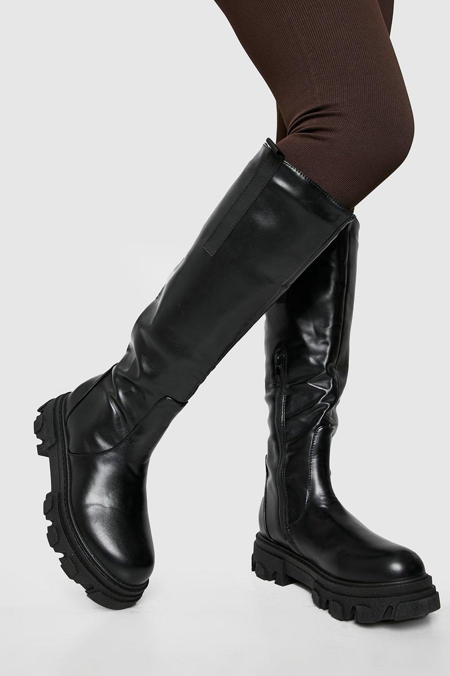 Black Wide Fit Knee High Chunky Chelsea Boots image number 1