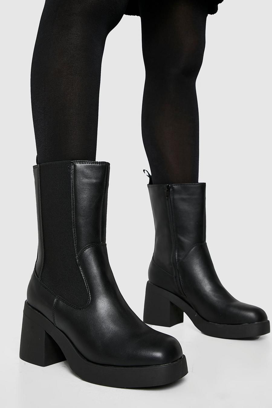 Black Wide Fit Elastic Panel Chunky Heeled Chelsea Boots image number 1