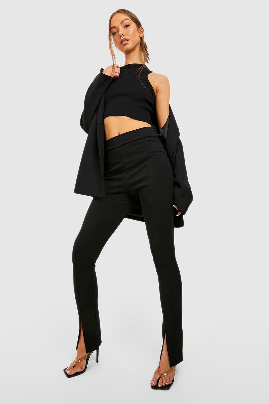Black Split Front High Waisted Tailored Skinny Pants