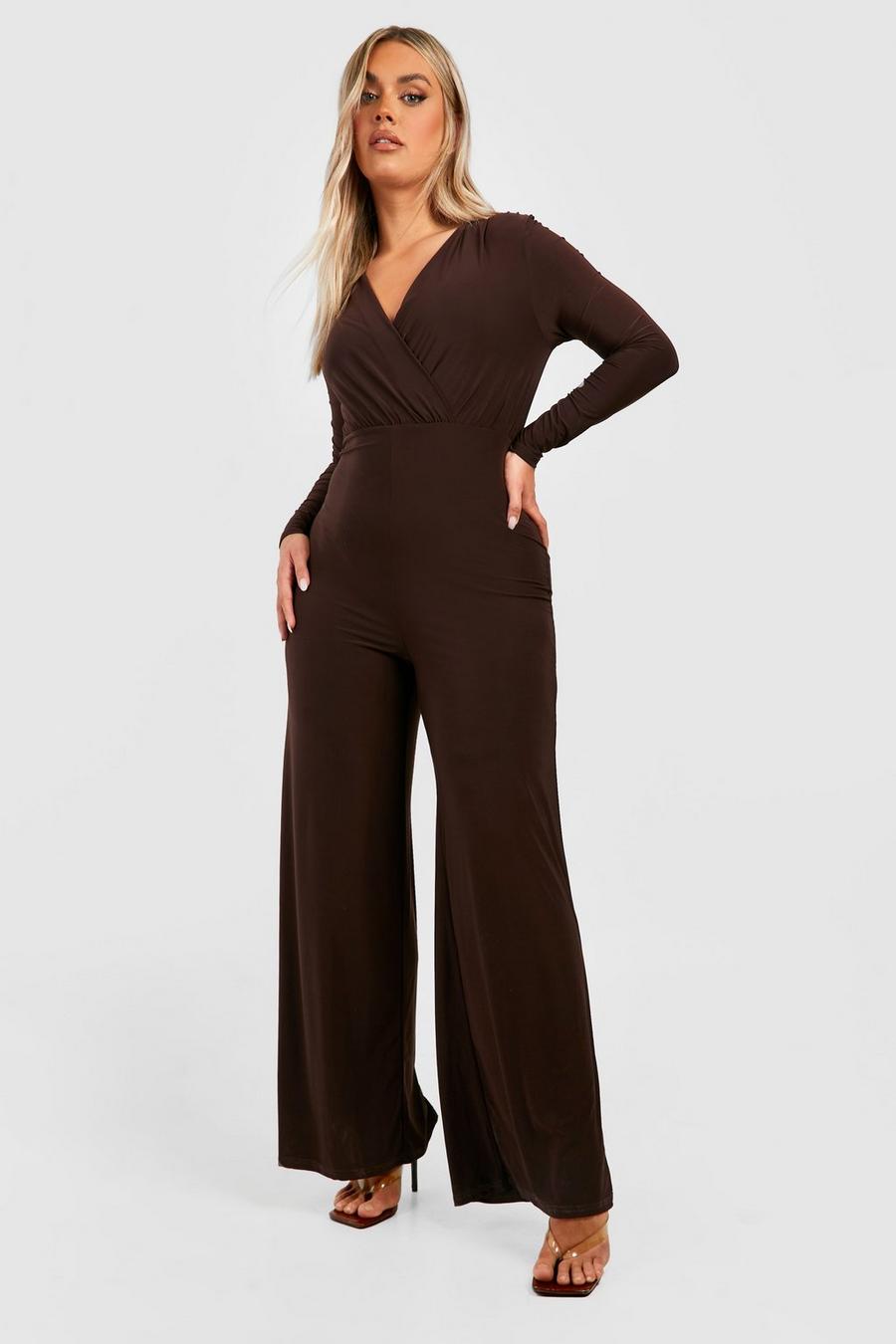 Chocolate brown Plus Wrap Front Slinky Wide Leg Jumpsuit image number 1