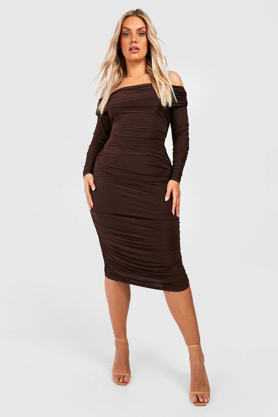 Chocolate brown Plus Off The Shoulder Midi Dress image number 1