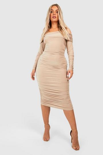 Stone Beige Plus Off The Shoulder Midi Dress