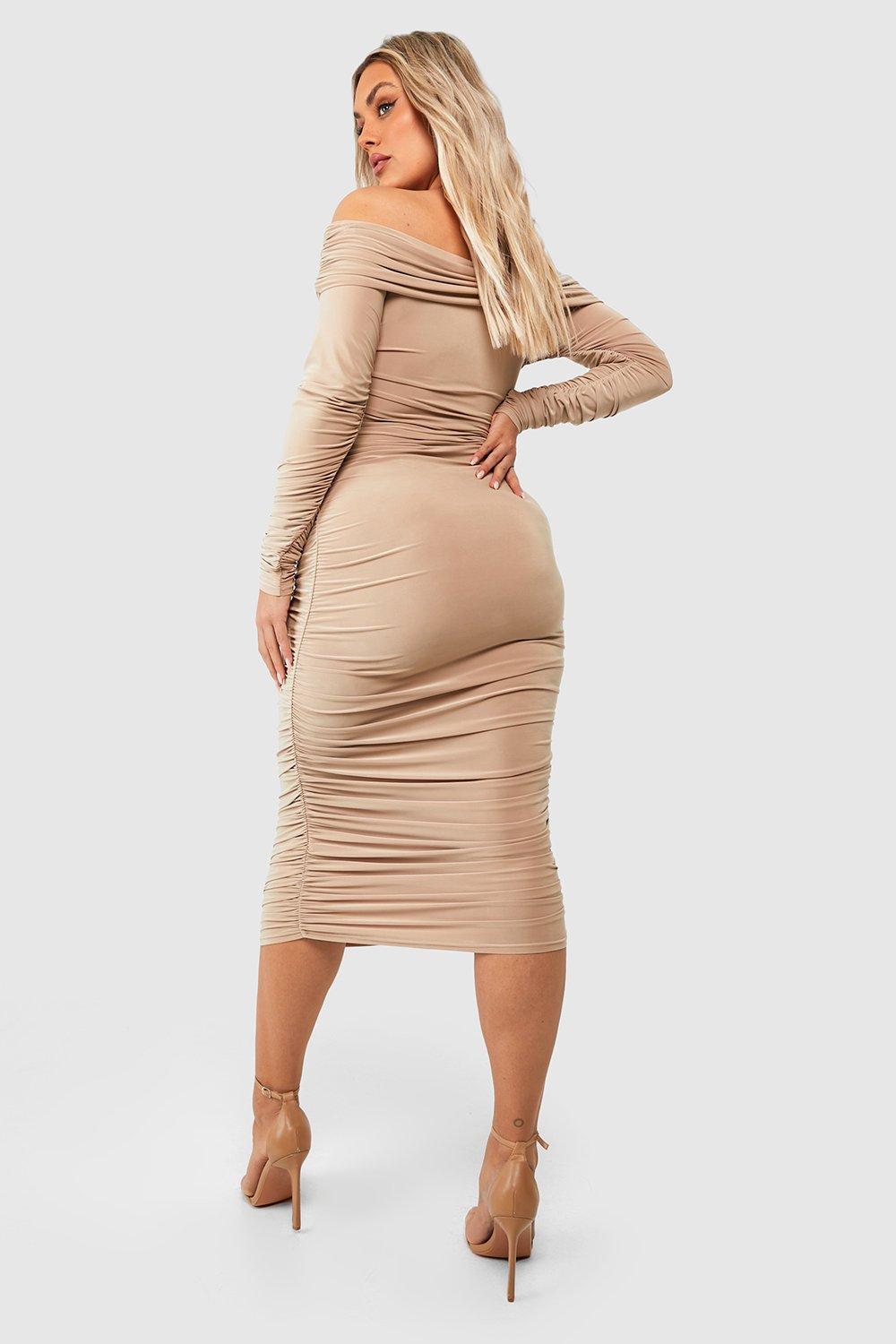 Boohoo bardot midi dress sale