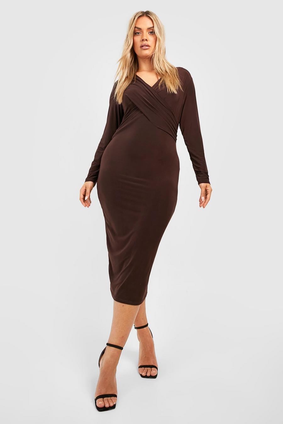 Chocolate Plus Long Sleeve Wrap Front Midi Dress image number 1