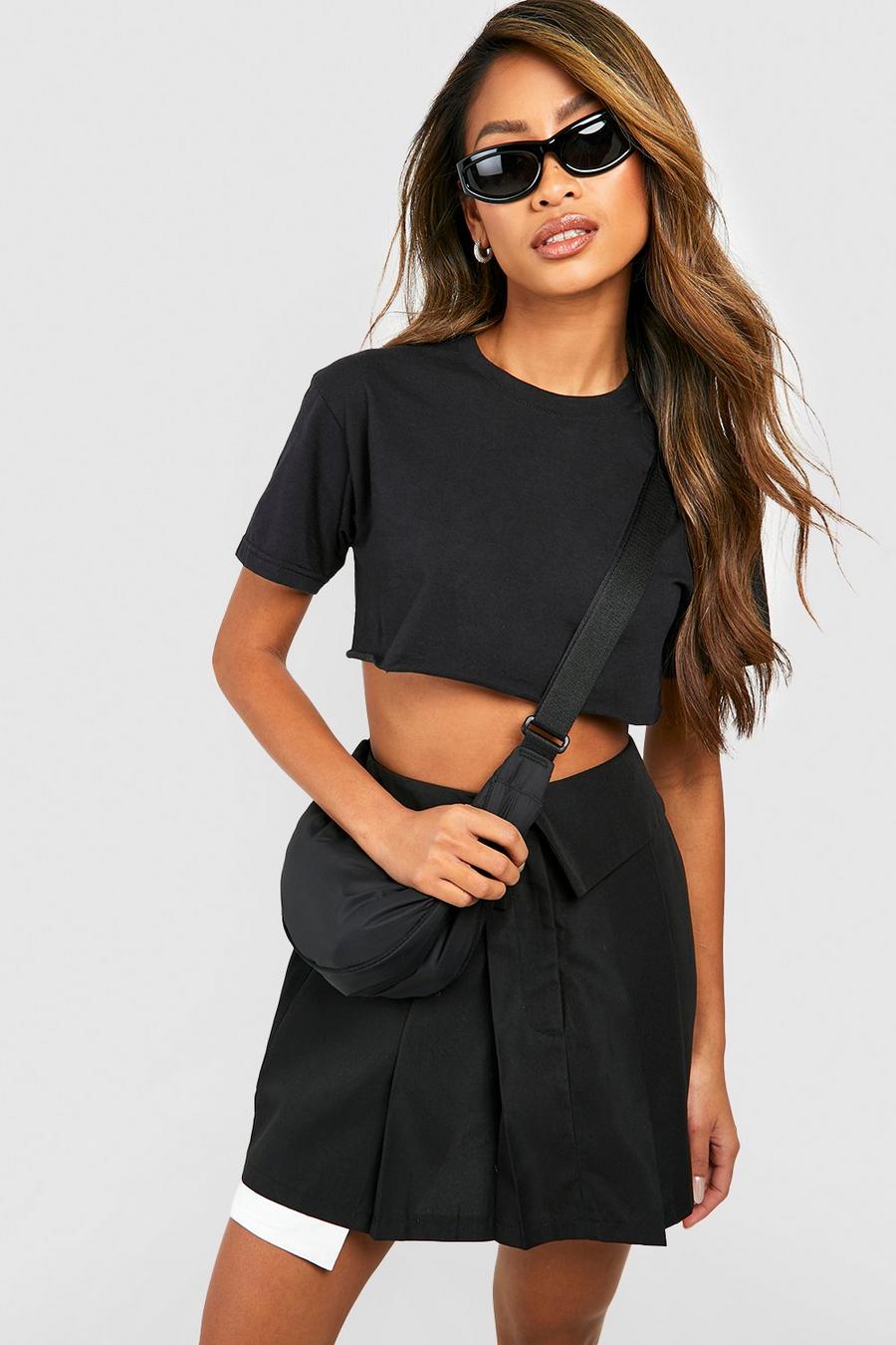 Black Fold Over Woven Pleated Tennis Skirt