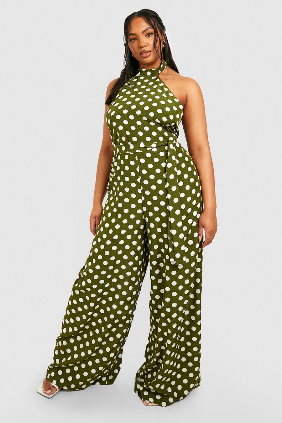 Green Plus Woven Polka Dot Halter Neck Jumpsuit  image number 1