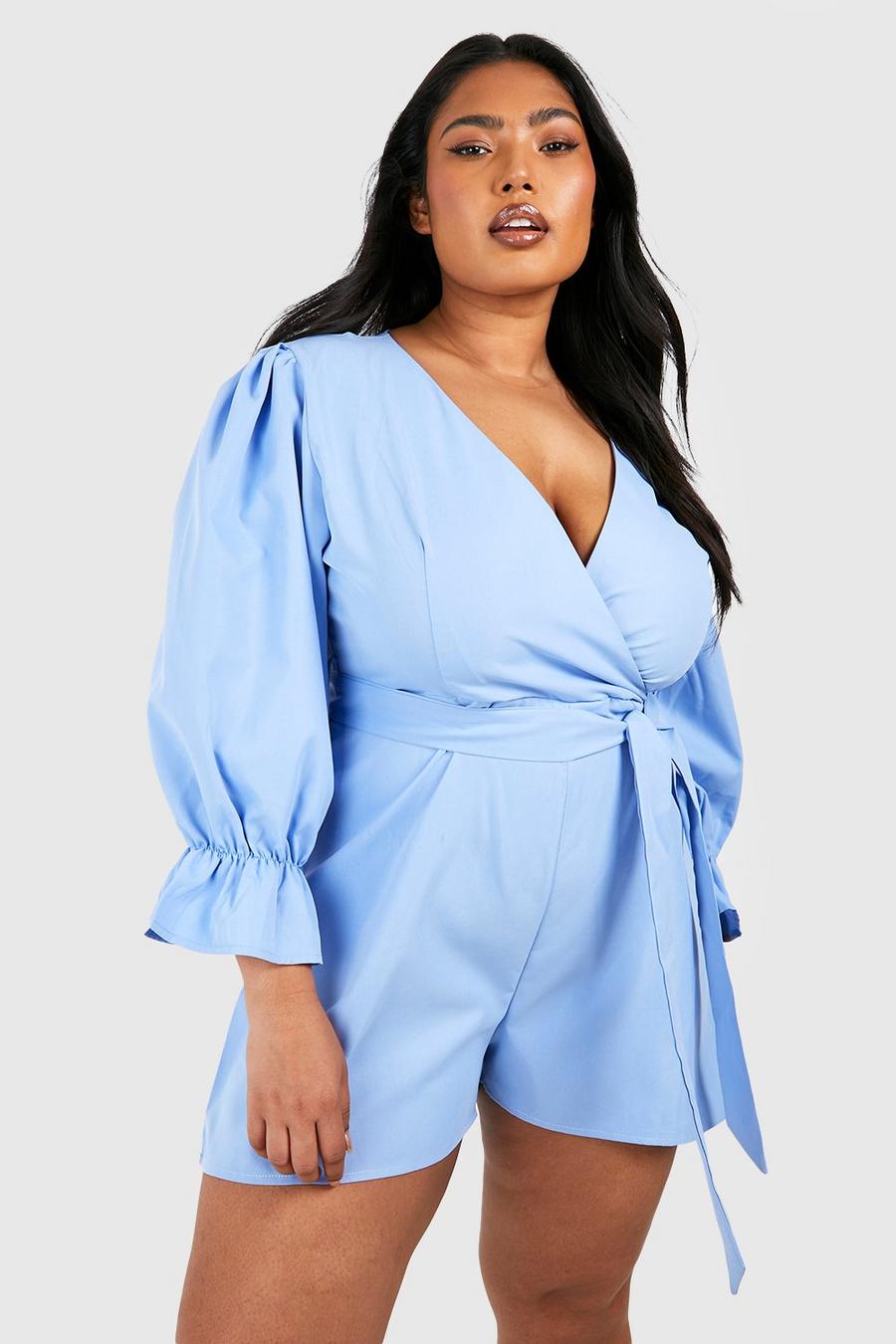 Baby blue Plus Woven Puff Sleeve Wrap Playsuit  image number 1