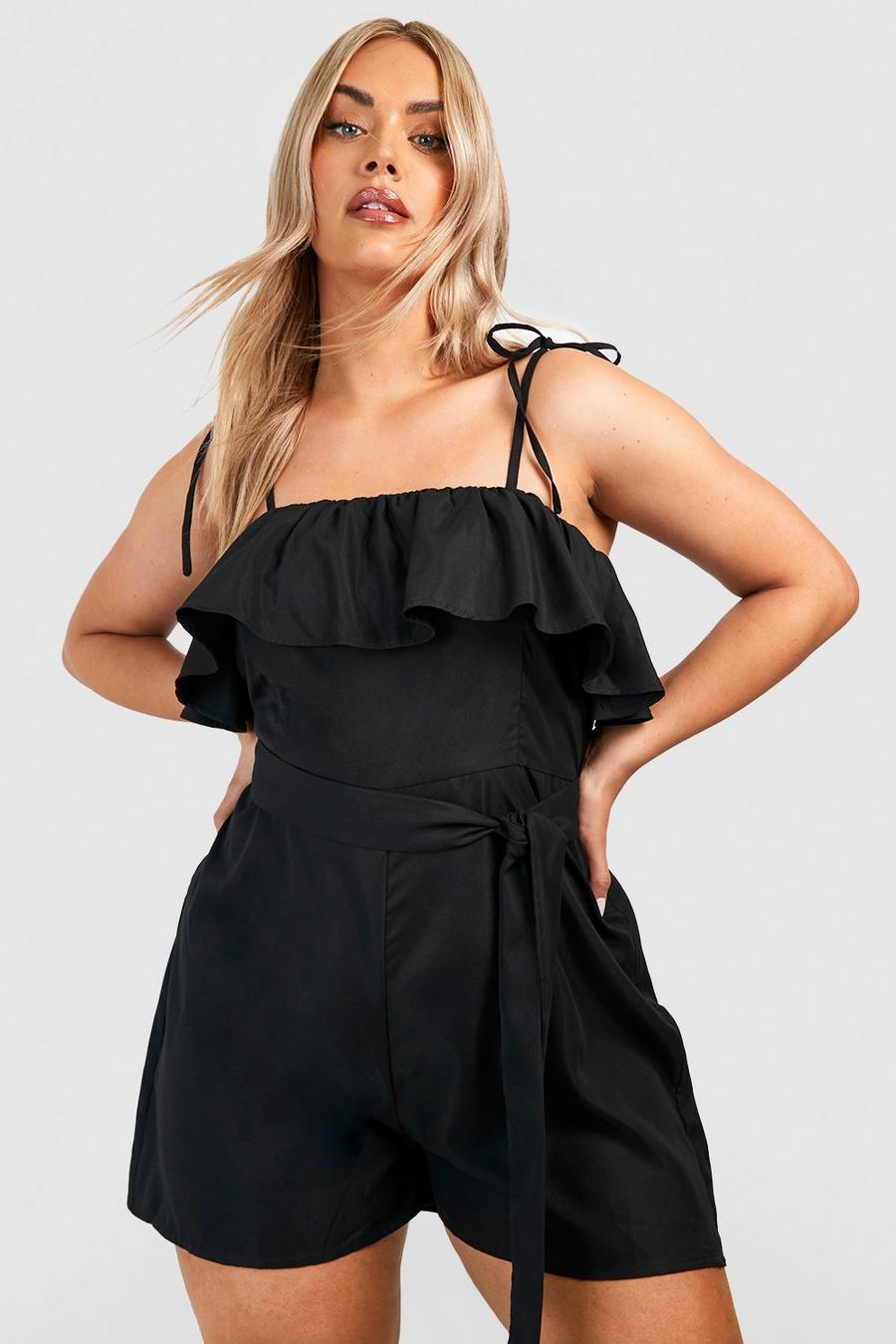 Black Plus Woven Belted Frill Playsuit  image number 1