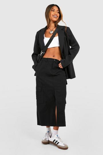 Black Elasticated Waist Midi Cargo Skirt