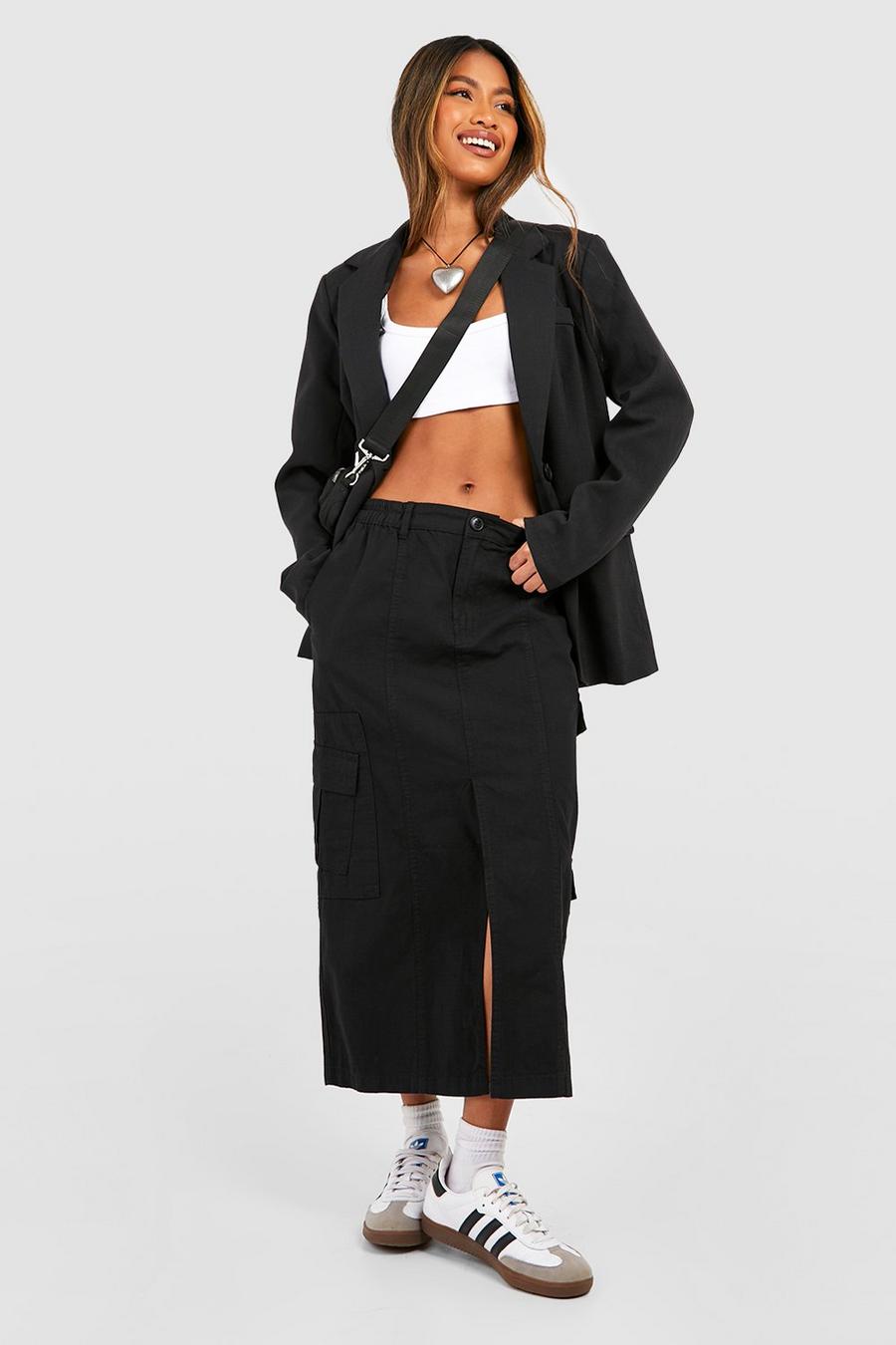 Black noir Elasticated Waist Midi Cargo Skirt