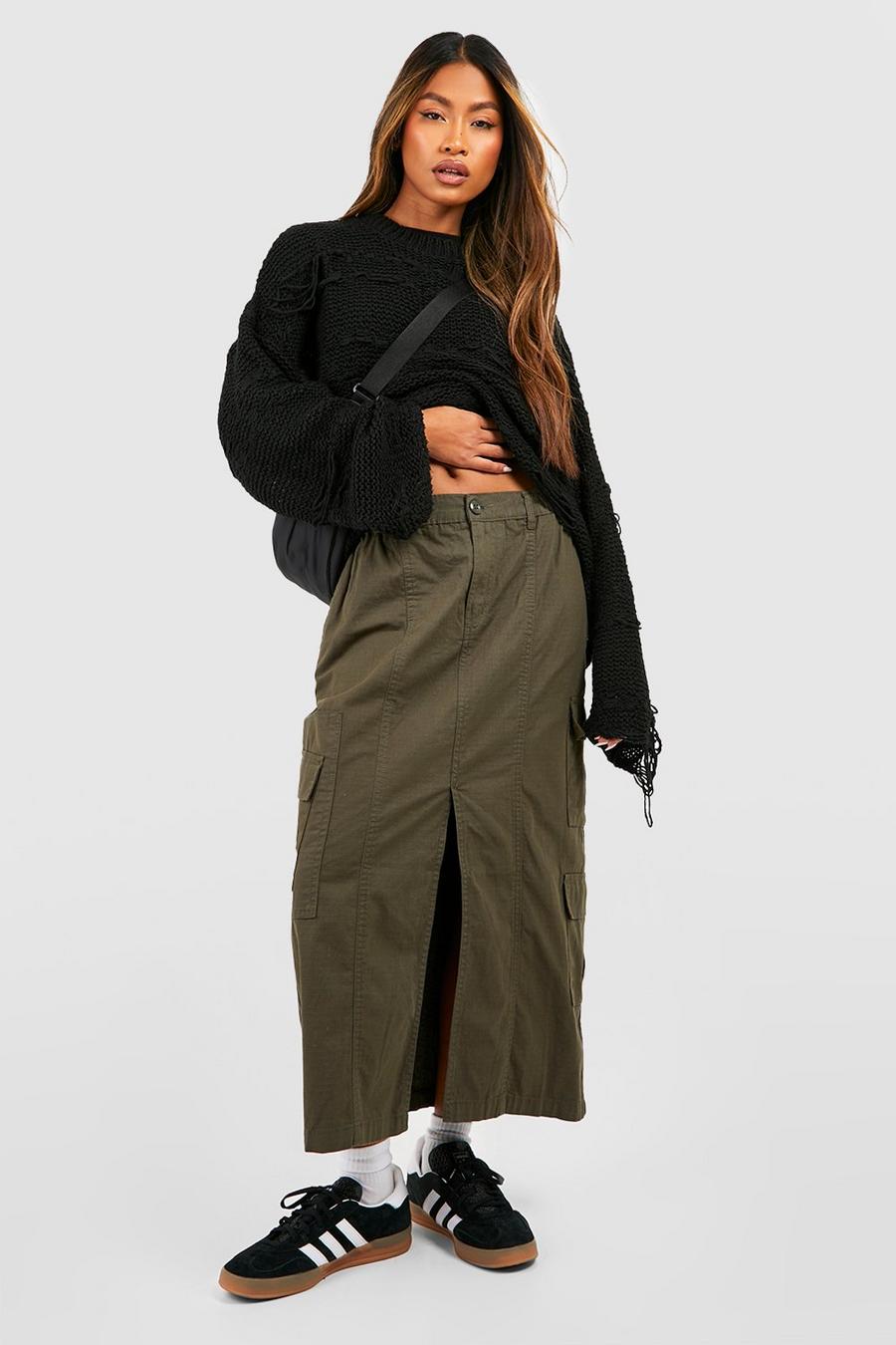 Falda midi cargo con cintura elástica, Khaki image number 1