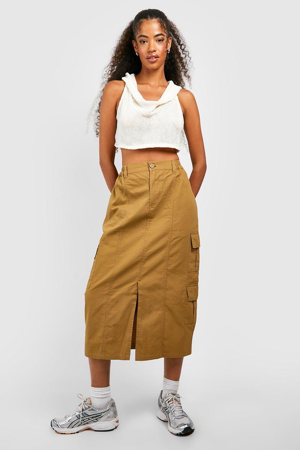 Elasticated waist midi skirt with outlet pockets