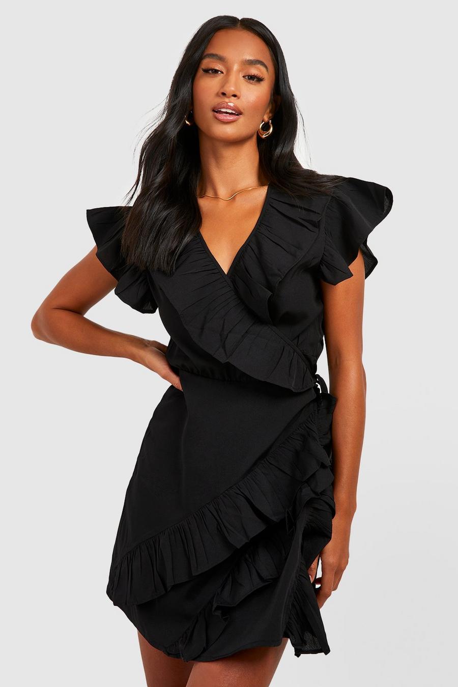 Black Petite Ruffle Detail Wrap Dress image number 1