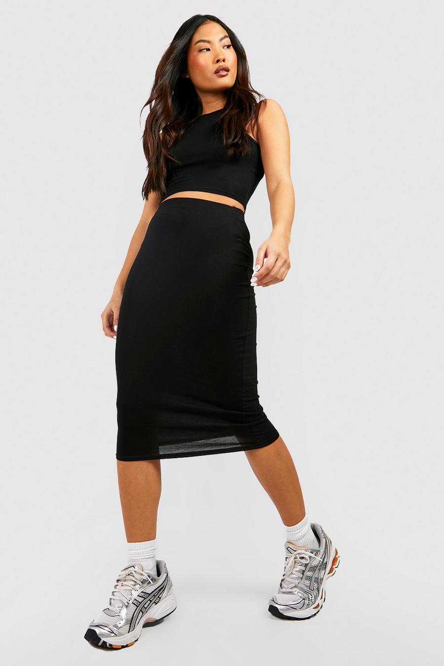Black Petite Basic High Waist Midi Skirt
