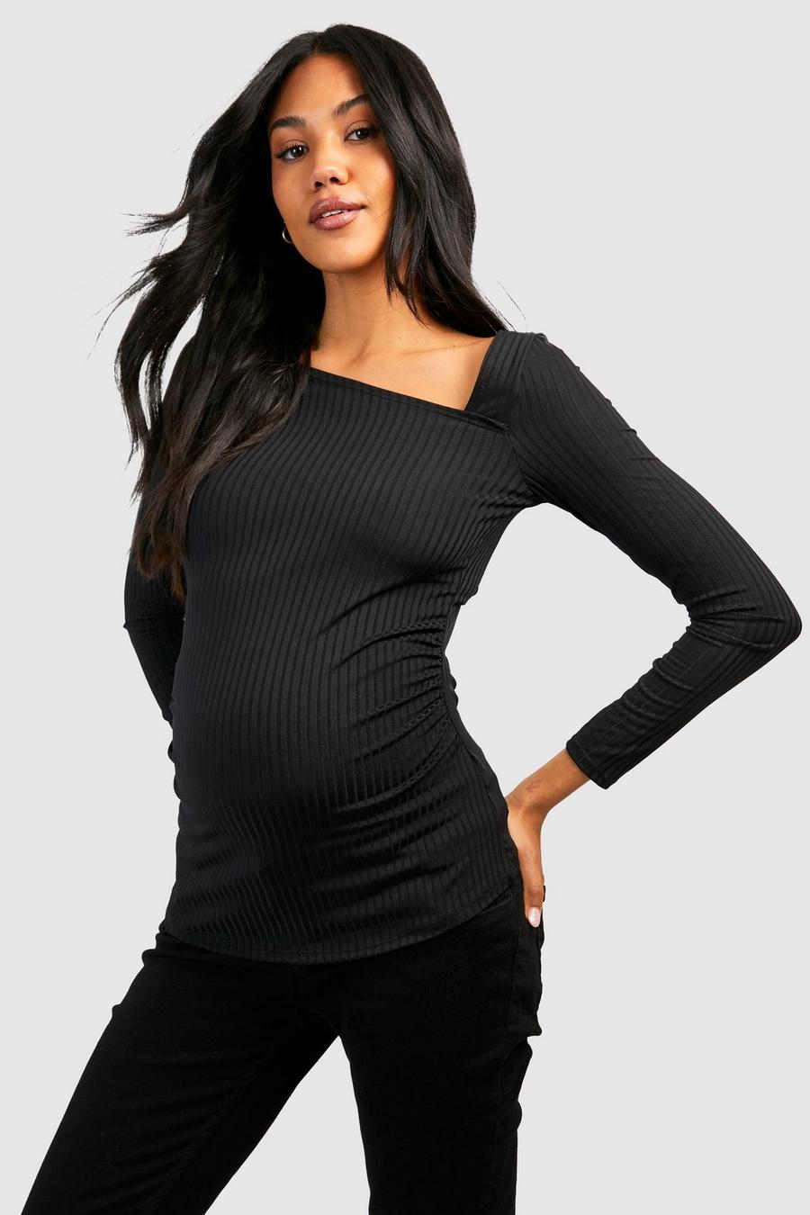 Black Maternity Rib Asymmetric Long Sleeve Top image number 1