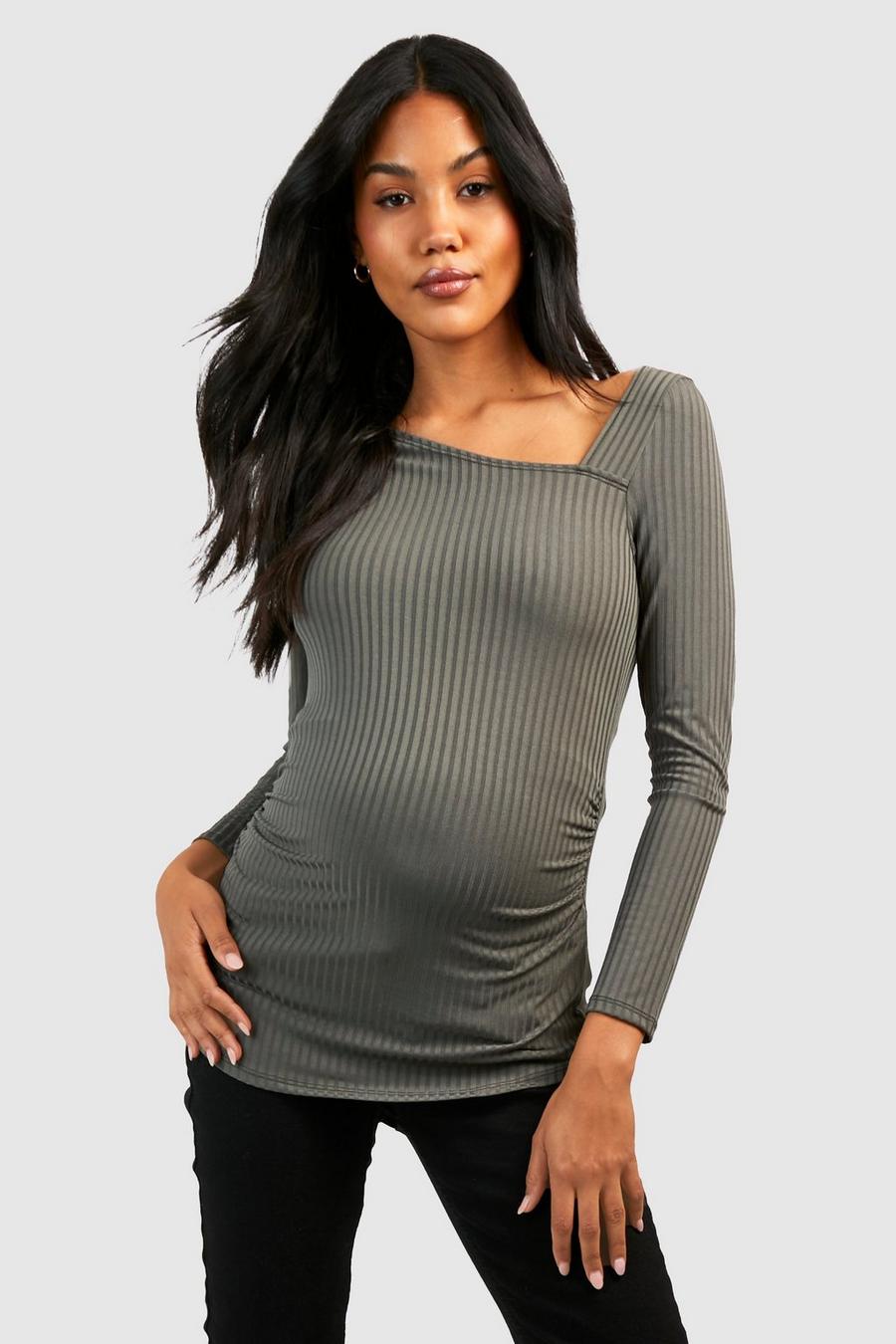 Khaki Maternity Rib Asymmetric Long Sleeve Top image number 1