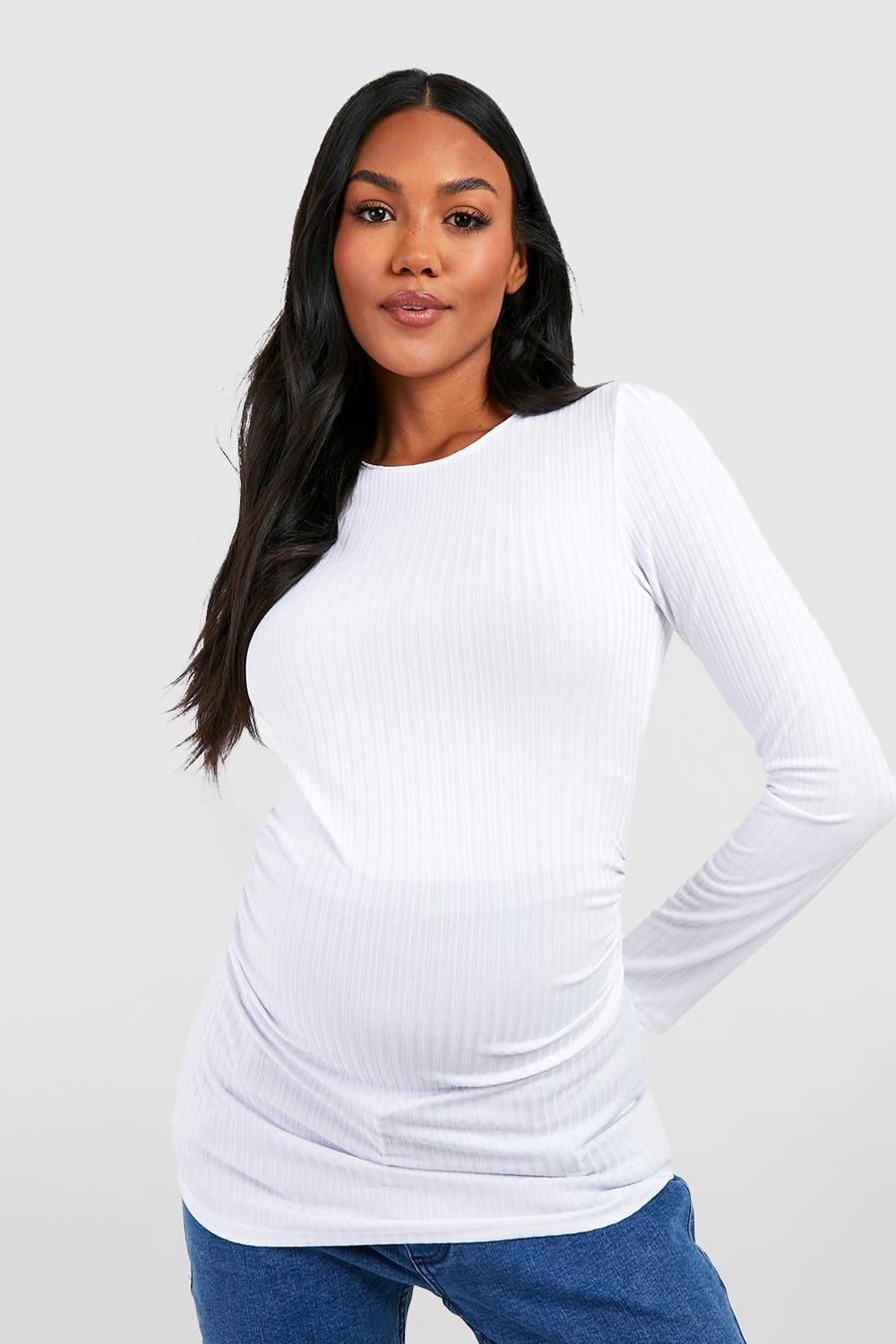 White Maternity Rib Scoop Neck Long Sleeve Top image number 1