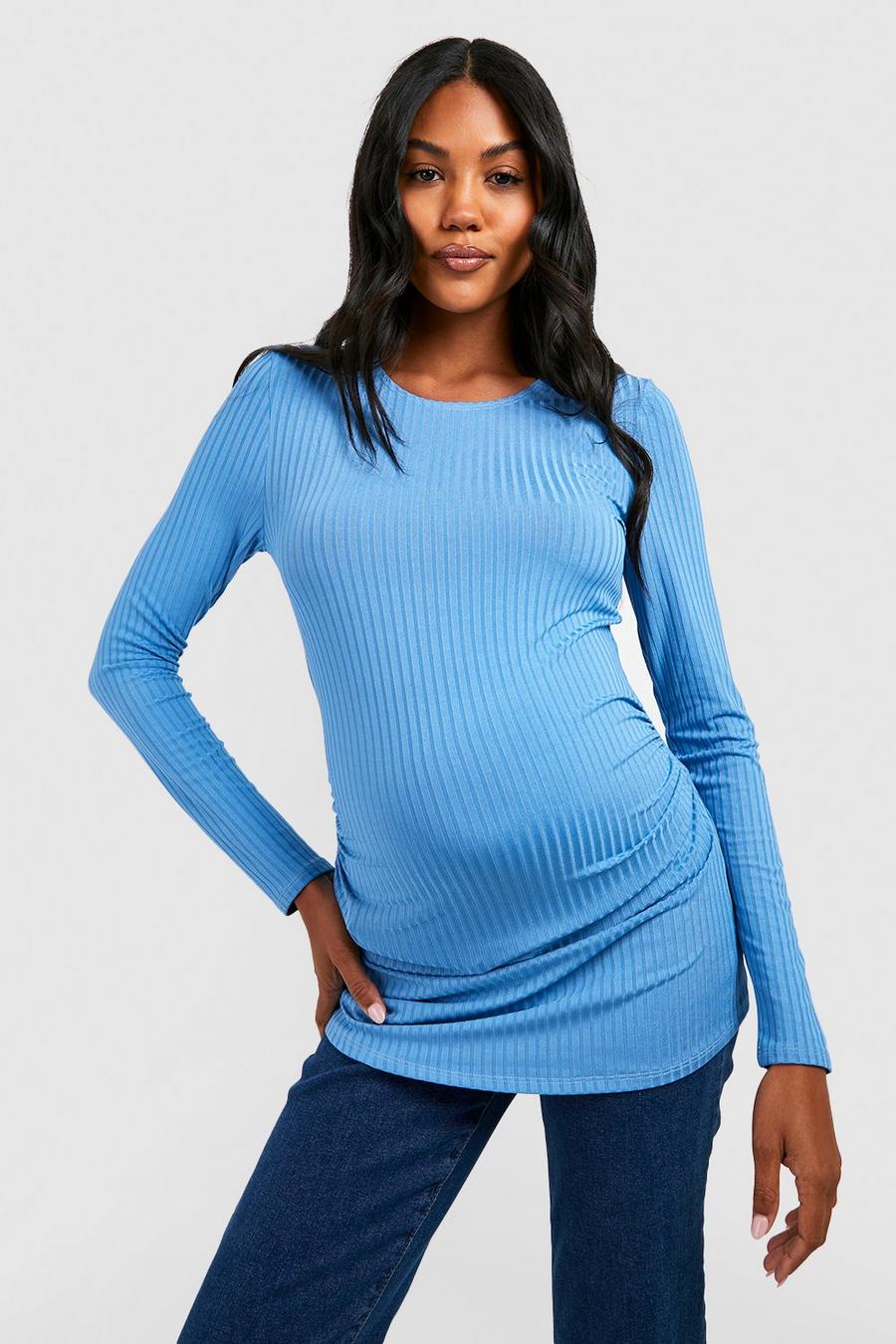 Baby blue Maternity Rib Scoop Neck Long Sleeve Top image number 1