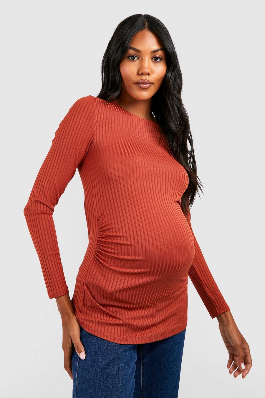 Rust Maternity Rib Scoop Neck Long Sleeve Top image number 1