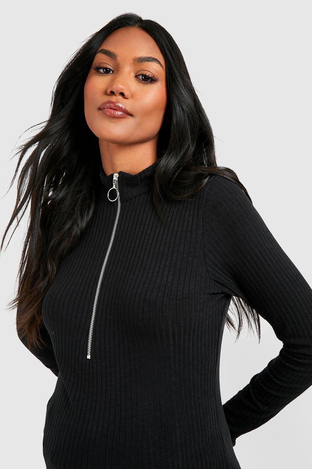 Women Black Rib Long Sleeve Front Zip Top