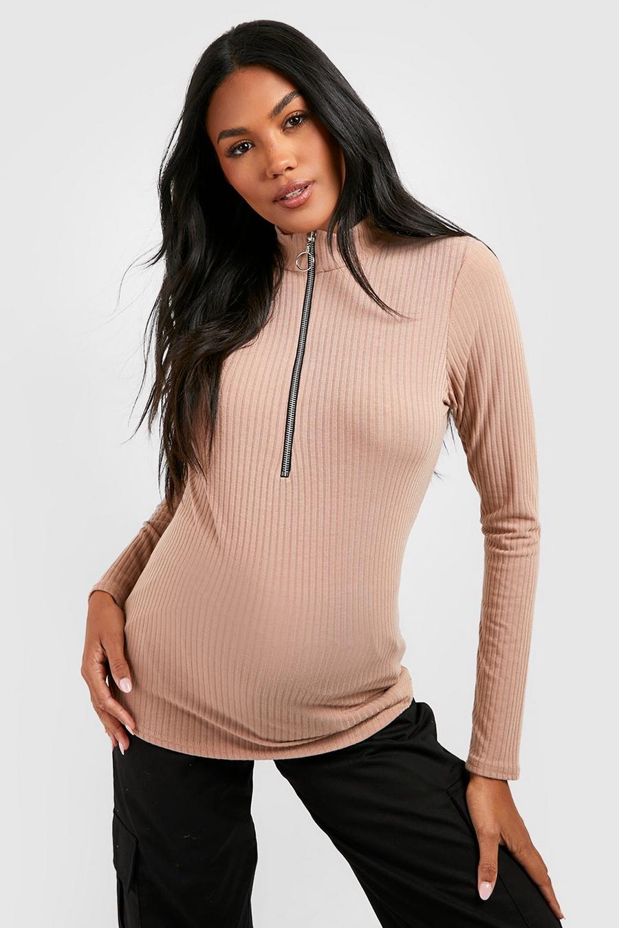 Chocolate brown Maternity Long Sleeve Zip Front Knitted Rib Top