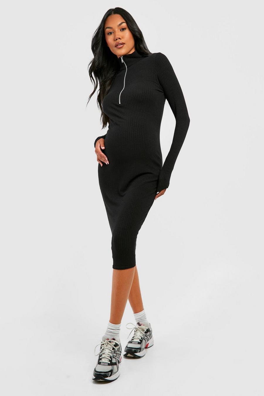 Black Maternity Soft Rib Zip High Neck Midi Dress image number 1