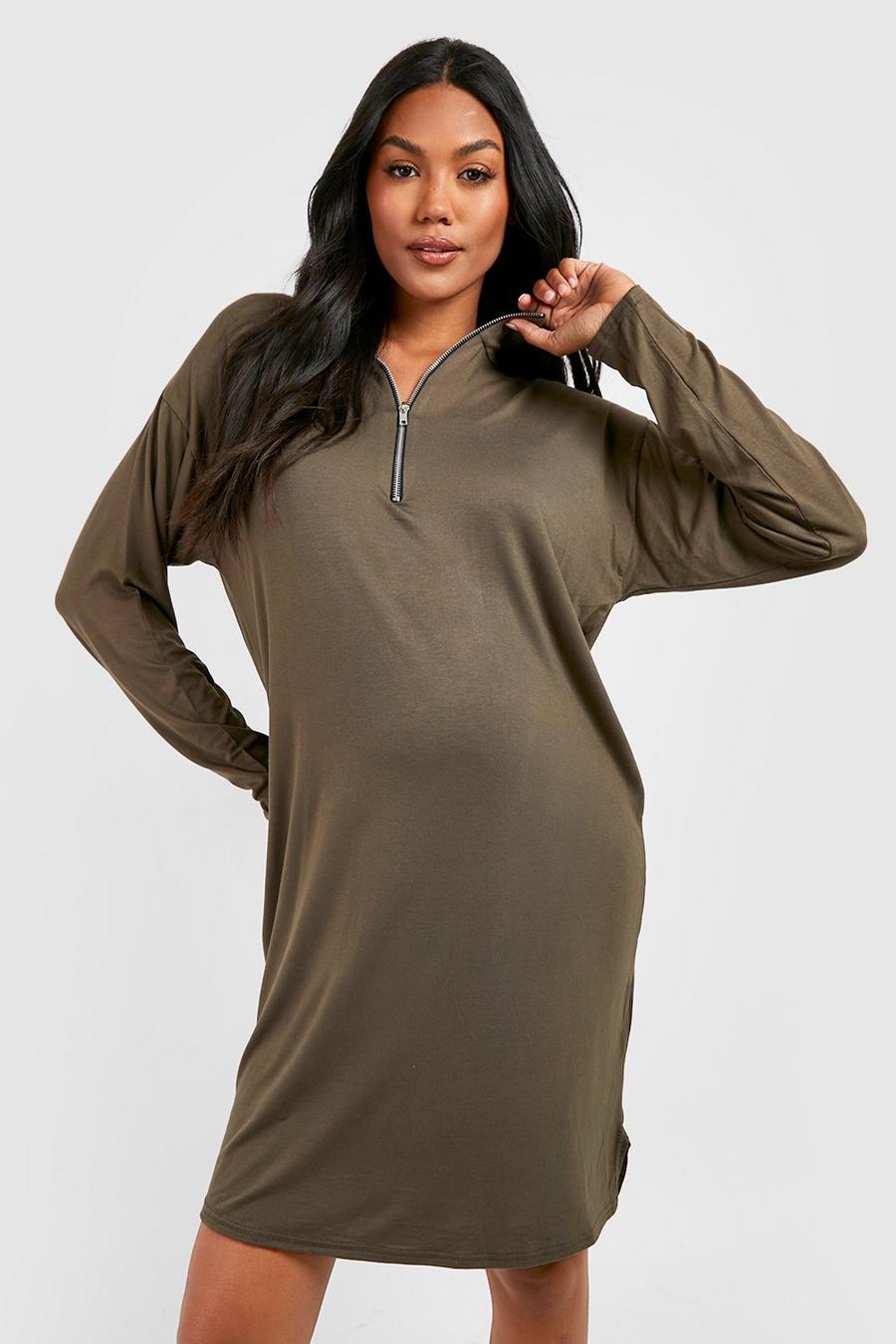 Khaki Maternity Half Zip T-shirt Dress image number 1