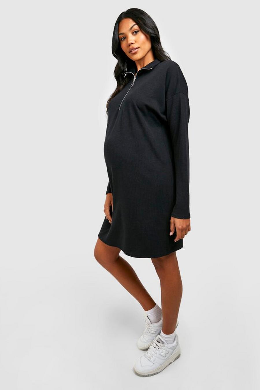 Black Maternity Textured Rib Half Zip Oversized Jumper Dress image number 1