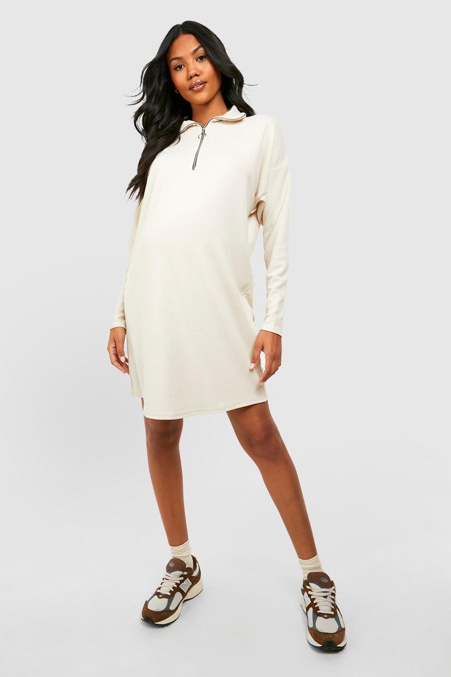 Ecru white Maternity Textured Rib Half Zip Oversized Sweater Dress image number 1