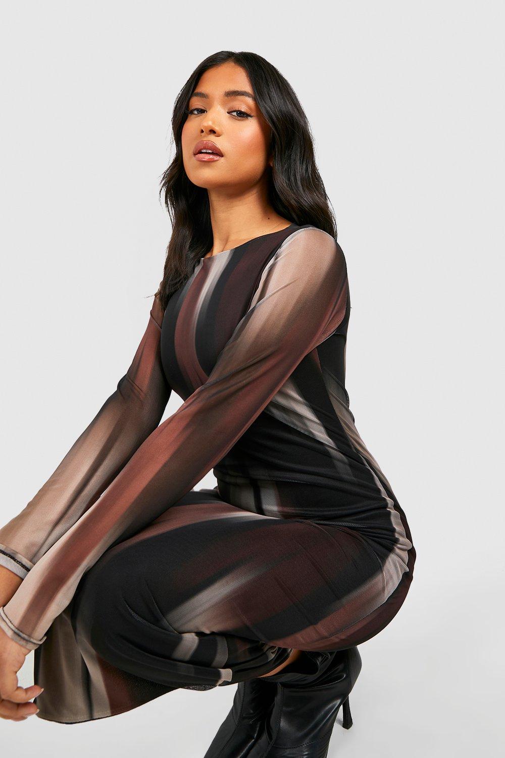 Petite Mesh Long Sleeve Midaxi Dress