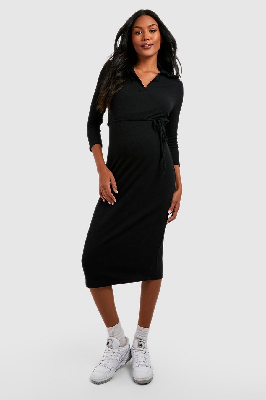 Black Maternity Ripple Rib Polo Collar Midi Dress image number 1