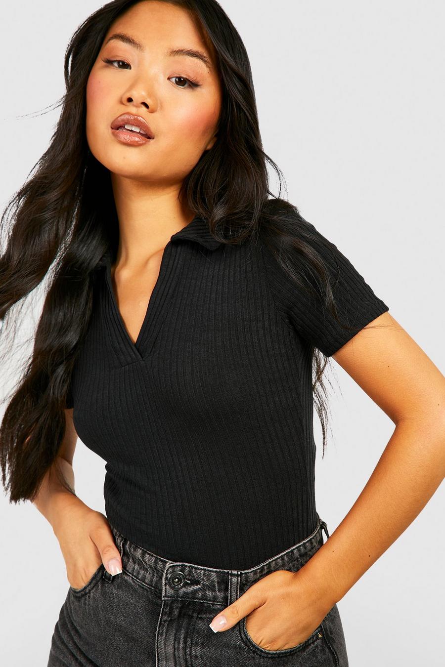 Women's Black Petite Soft Rib Knit Short Sleeve Polo Collar Bodysuit ...