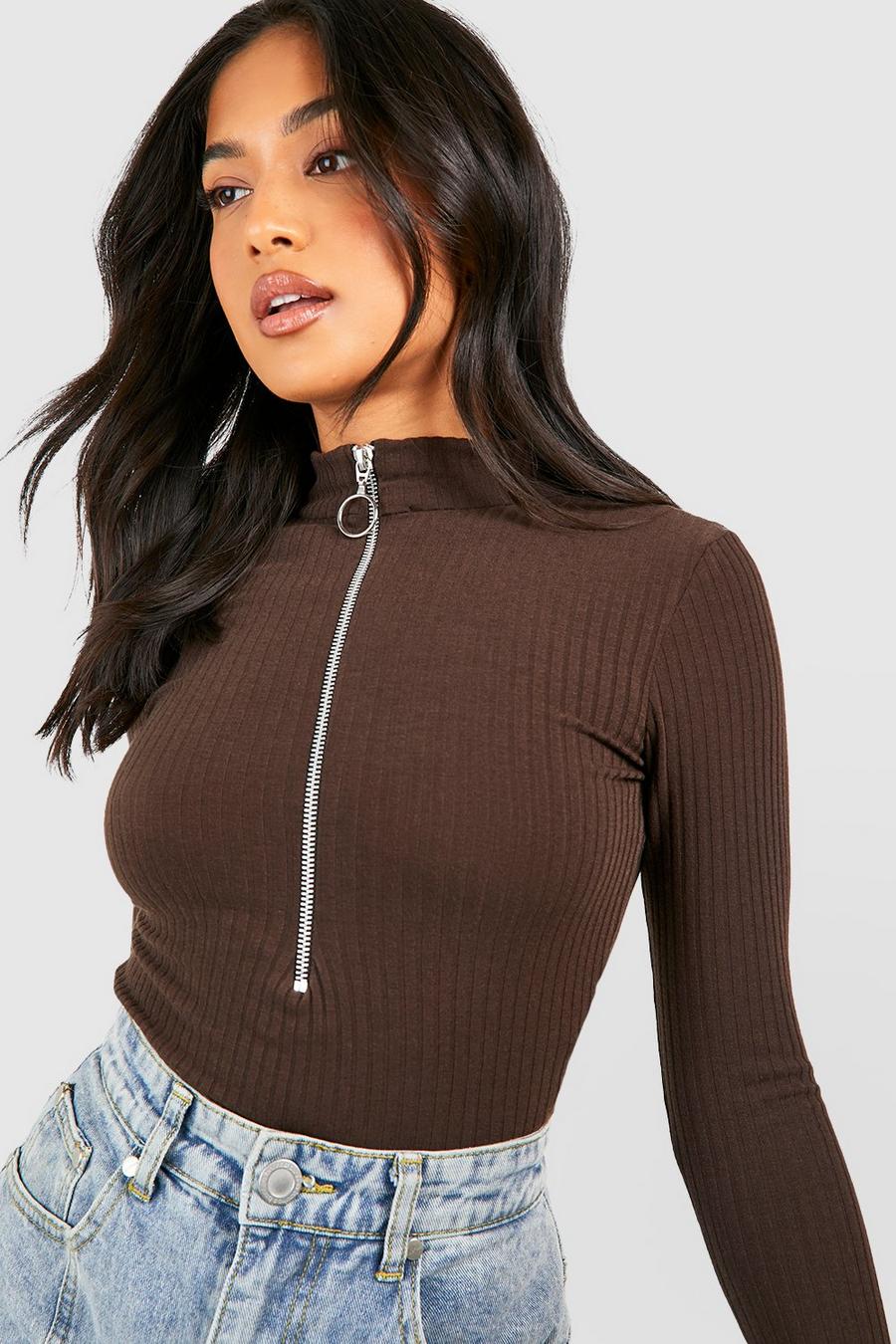 Chocolate Petite Long Sleeve Zip Front Knitted Rib Bodysuit image number 1