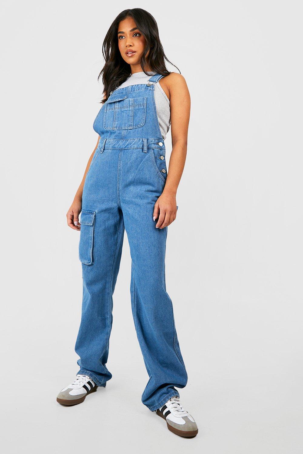 Signature 8 wide leg denim dungarees in dark wash blue