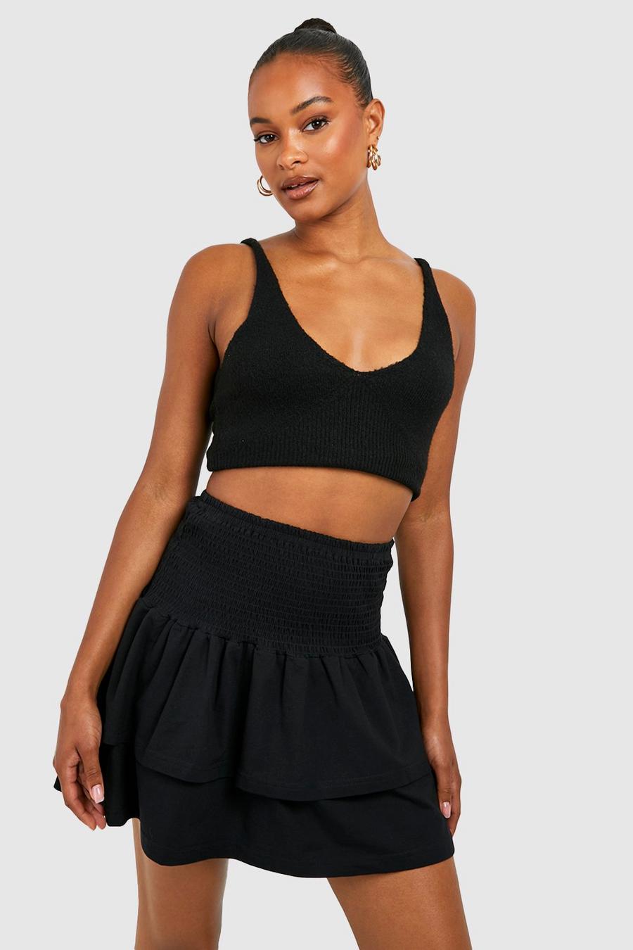 Black Tall Basic Cotton Blend Tiered Mini Shirred Skater Skirt