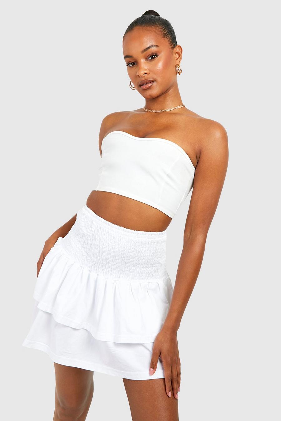 White Tall Basic Cotton Blend Tiered Mini Shirred Skater Skirt