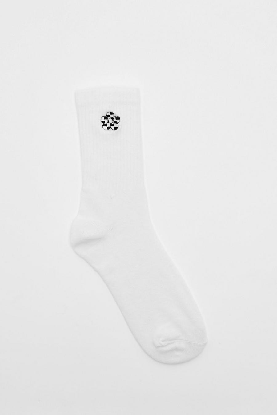 White Checkerboard Flower Sports Sock image number 1