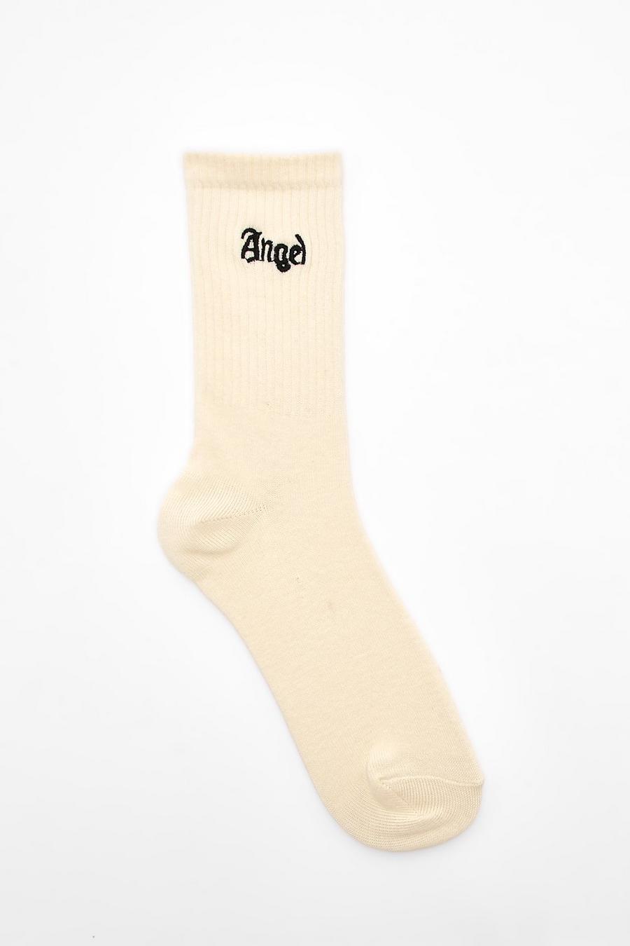Angel Slogan Sports Sock, Cream blanco