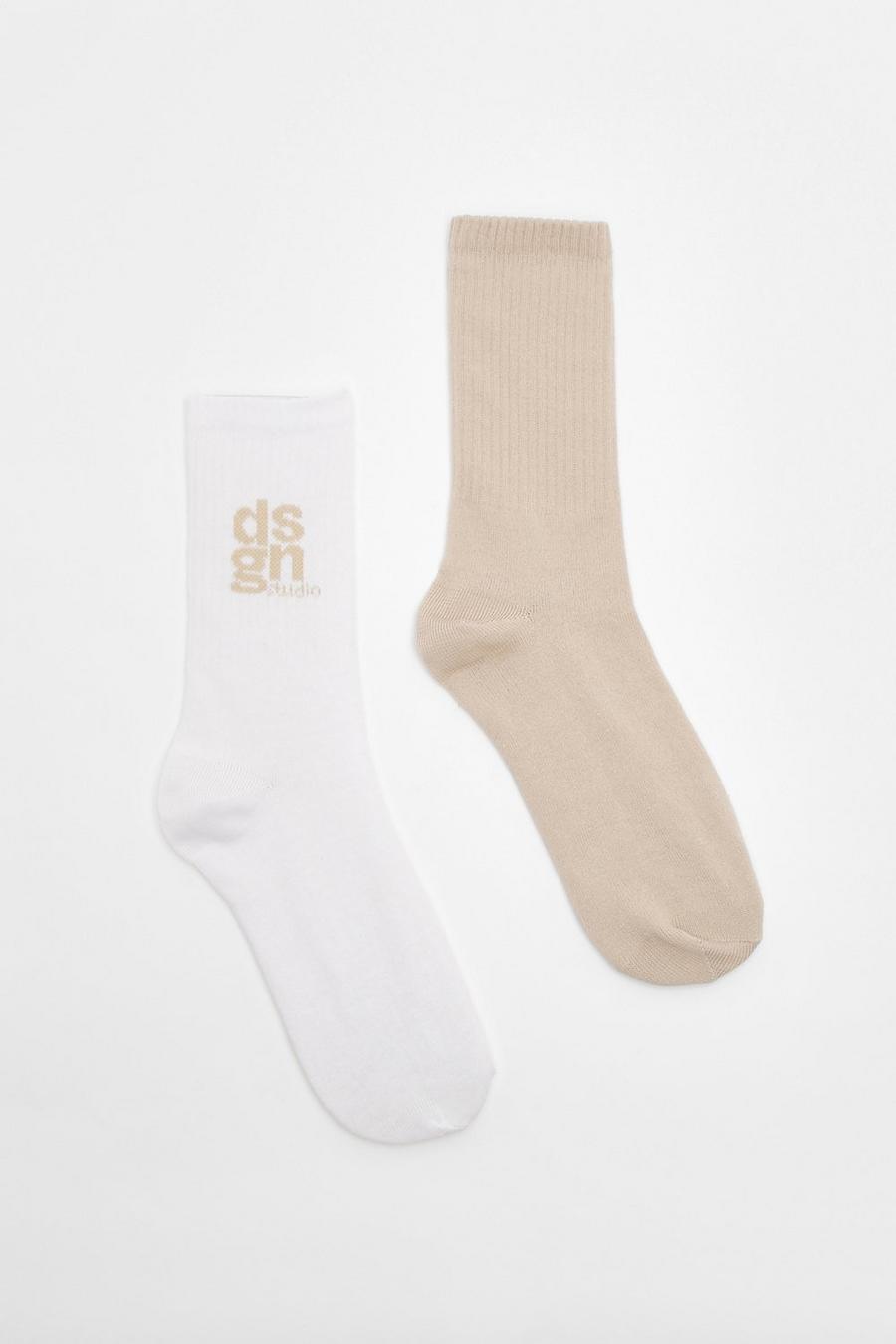Pack de 2 pares de calcetines deportivos con eslogan Dsgn Studio, Cream image number 1