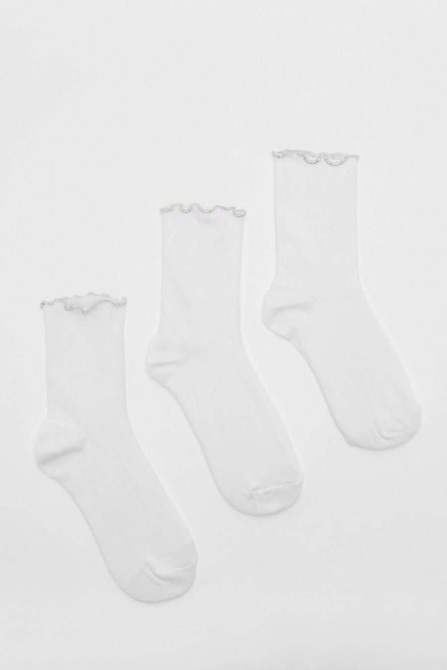 White 3 Pack Metallic Frill Ankle Socks 